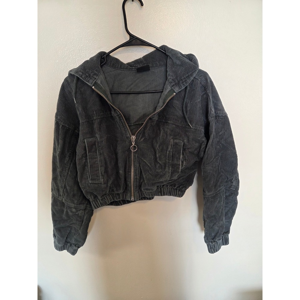 BDG Urban Outfitters Charcoal Gray Corduroy Cropped Zip Up Hoodie Jacket XS